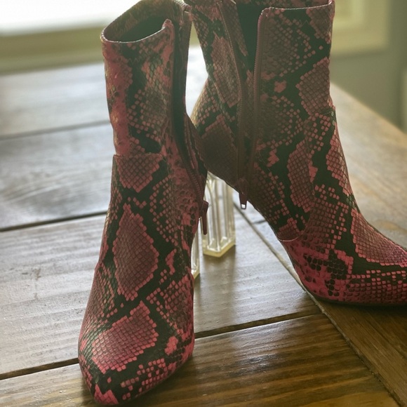 Pink and Black Snakeskin Heeled Boots with Transparent Heel - Picture 2 of 4